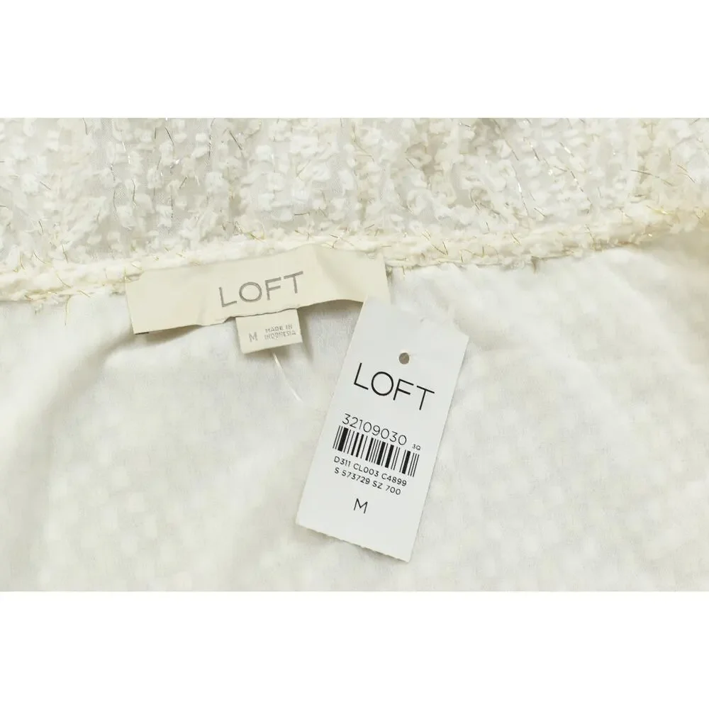 LOFT Women's Medium Cream Textured Ruffle V-Neck Long Sleeve Blouse Gold Metalli